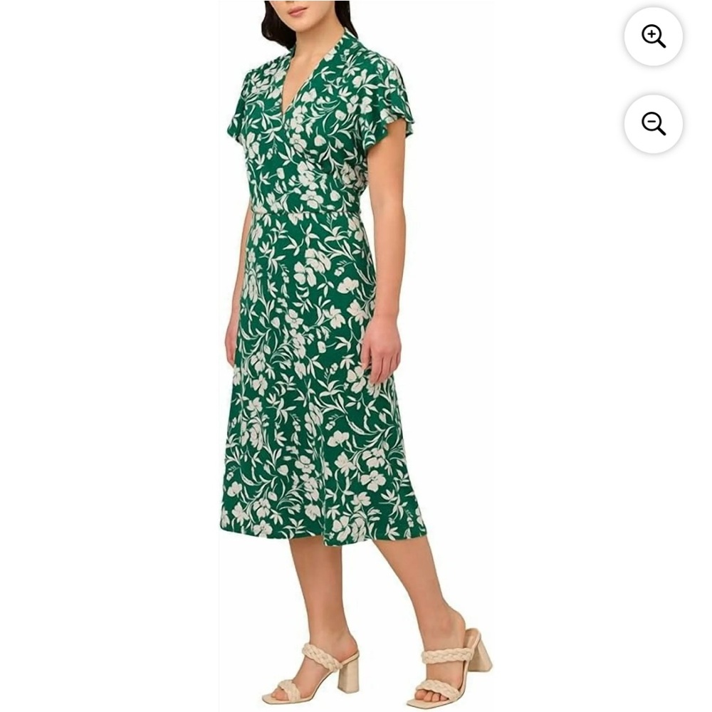 NWT! Adrianna Papell Women's Flutter Sleeve Floral Green&White Midi Dress Sz XL - Picture 2 of 13